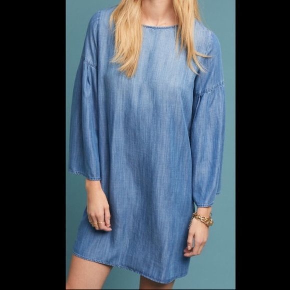 Anthropologie Cloth & Stone Bell Sleeve Tunic Dress Chambray Denim Blue 8 M Mini - Picture 2 of 6